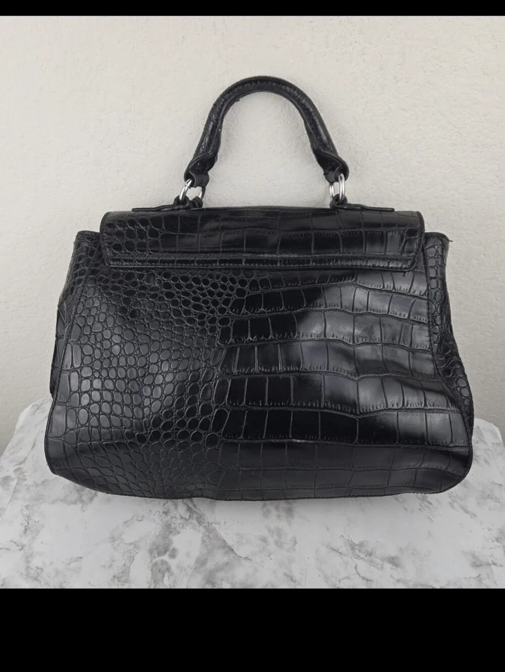 GUESS Black Croc-Embossed Top Handle Satchel with Charm